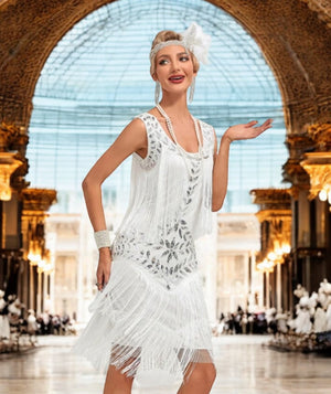 COSTUME RENTAL - J10D 1920's Great Gatsby WHITE Dress 1 pc MEDIUM