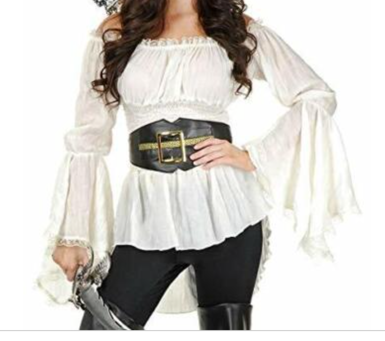 white long sleeve pirate dress Mrat Renaissance Dress Women Costume Peasant Dress Medieval Costume Flare Sleeve High Elastic Waisted Long Dress S-67 White S