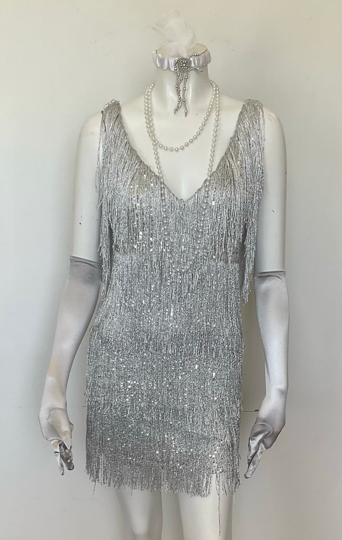 COSTUME RENTAL - J15A 1920's Flapper Silver Fringed 5 pcs MED