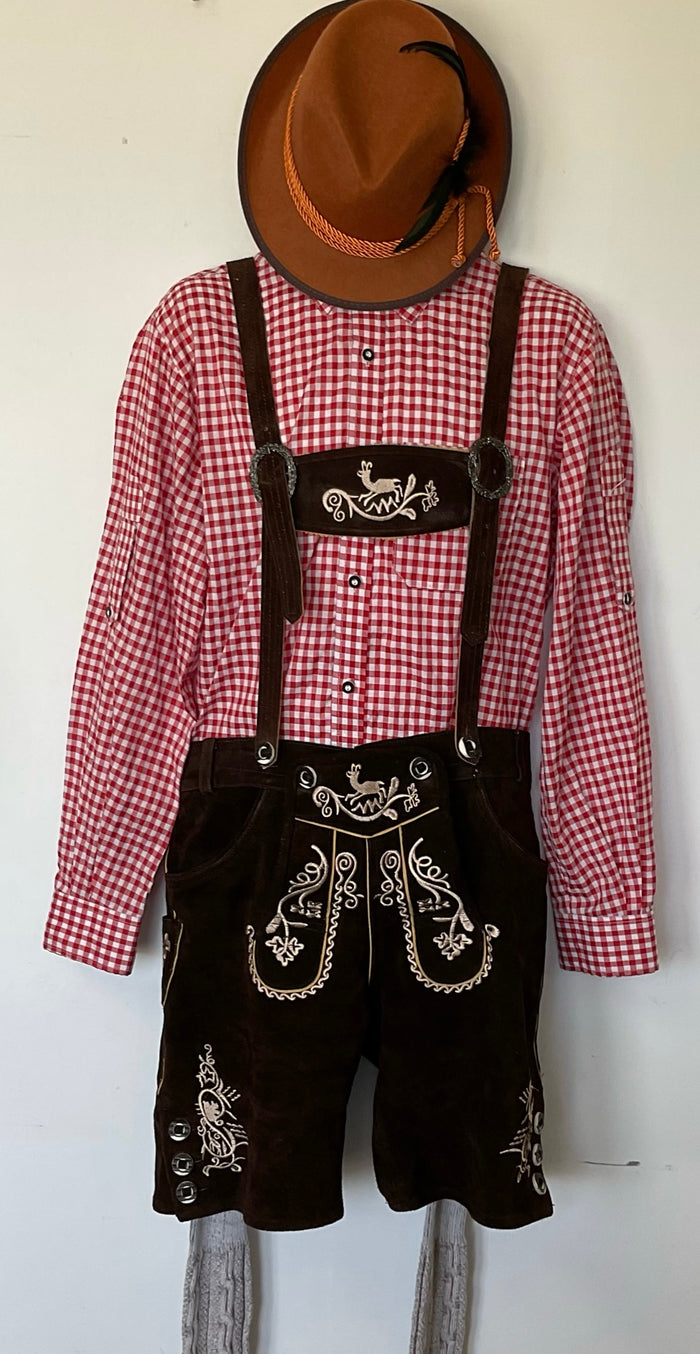 COSTUME RENTAL - I5b Liederhosen Authenthic German (red) 5 pc Large