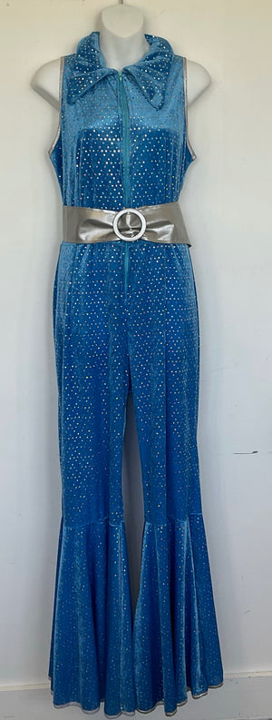 COSTUME RENTAL - X282 1970's Jumpsuit, Blue Glitter with Belt 2 pcs MED