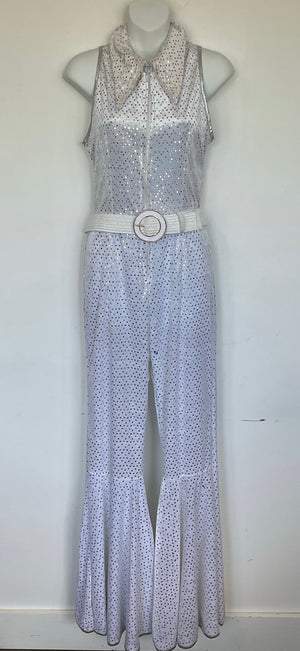 COSTUME RENTAL - X284 1970's Jumpsuit, white Glitter with belt SML