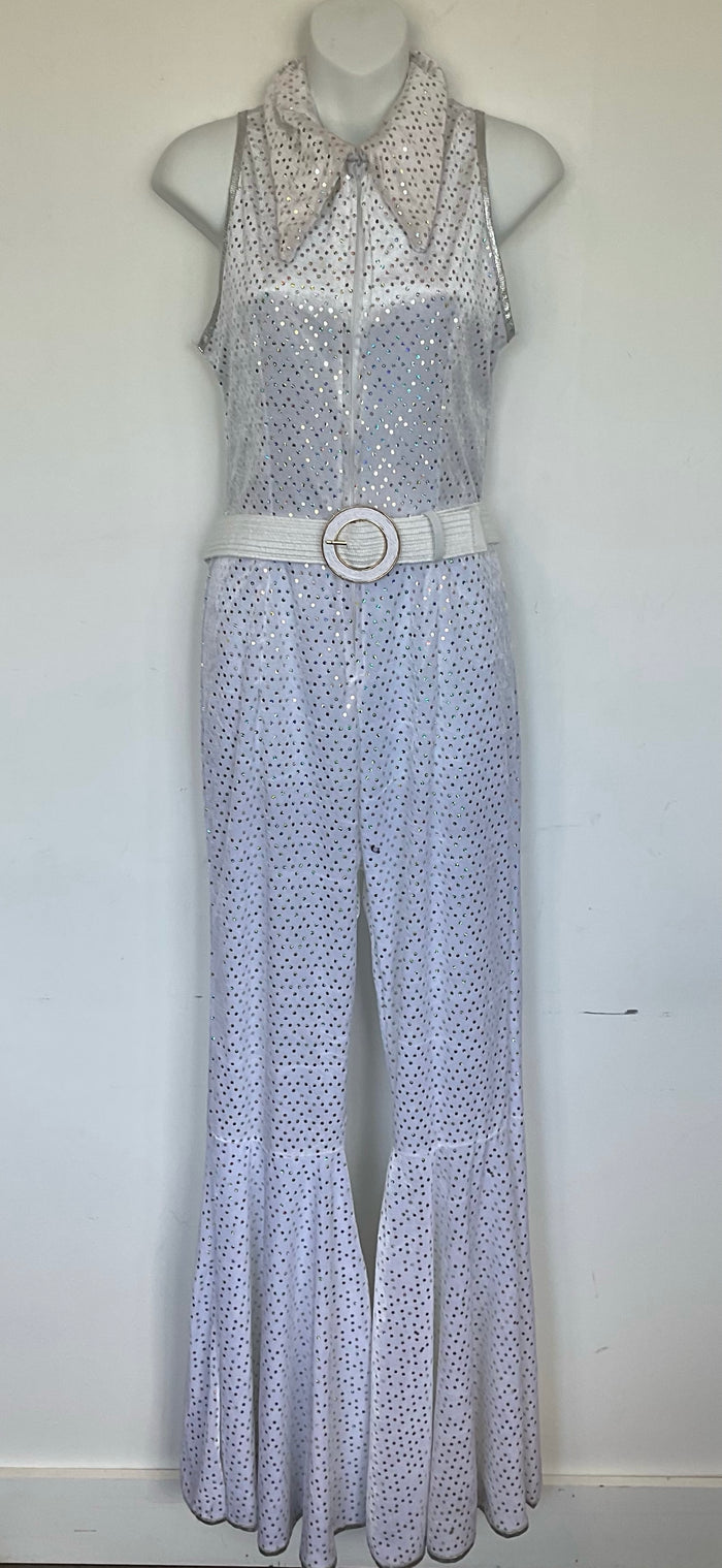 COSTUME RENTAL - X284 1970's Jumpsuit, white Glitter with belt SML