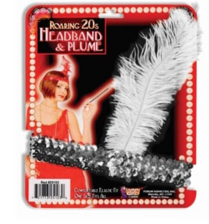 ACCESS: 1920's Flapper Headband silver sequin and white feather