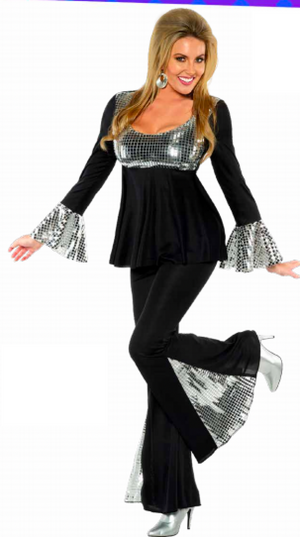 COSTUME RENTAL - X255A 1970's Silver and Black Disco Ball Girl 2 pc LARGE