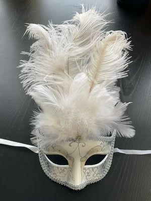 MASK: White Venetian Mask with Feathers