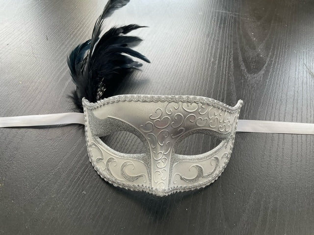 MASK: Silver Venetian Mask with black feather