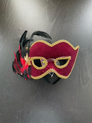 MASK:  Red Mask with gold trim and feathers