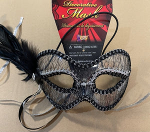 MASK:  Venetian Mask - Black and Silver with feather