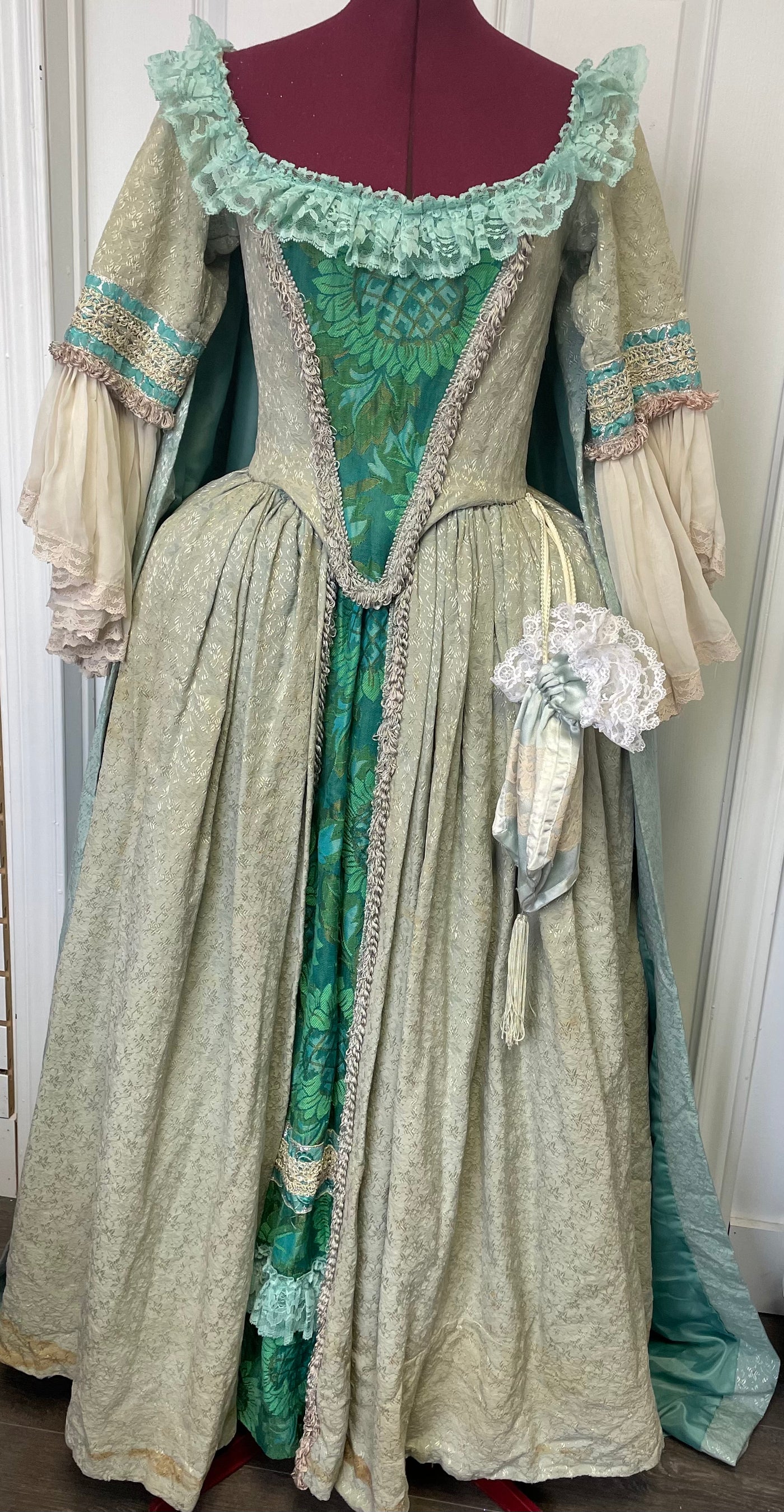 marie antoinette green dress Marie Antoinette Rococo Style Dress in Green and Blue Floral Brocade with Lace Bell Sleeves Baroque Ball Gown Plus Size Custom made / Teal Green