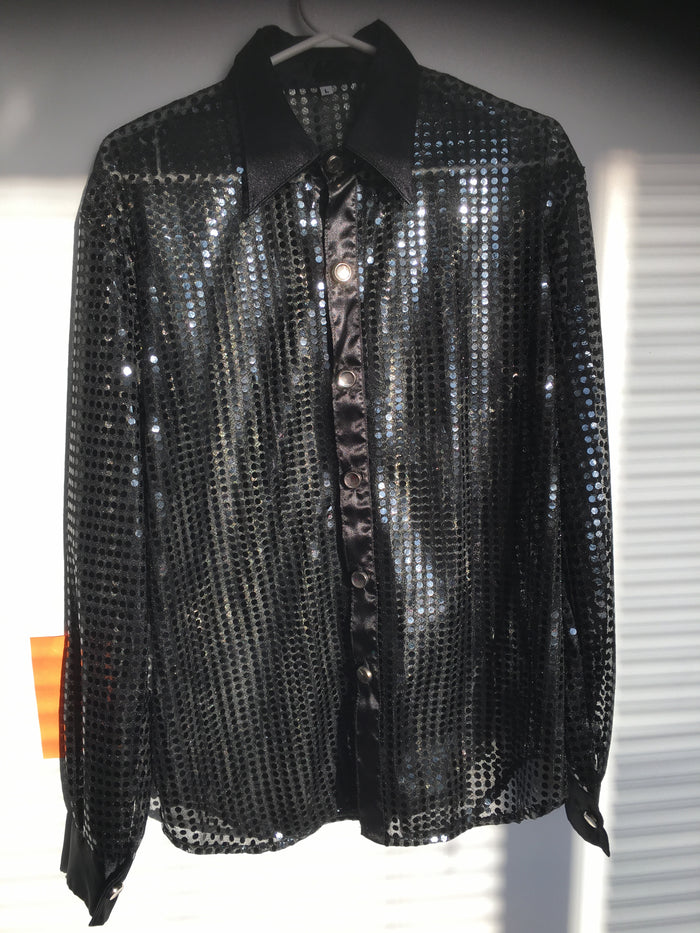COSTUME RENTAL - X30 Disco Shirt, Sequin Black with silver M