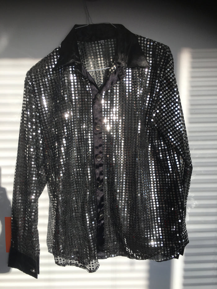 COSTUME RENTAL - X28 Disco Shirt, Sequin Silver with black XL