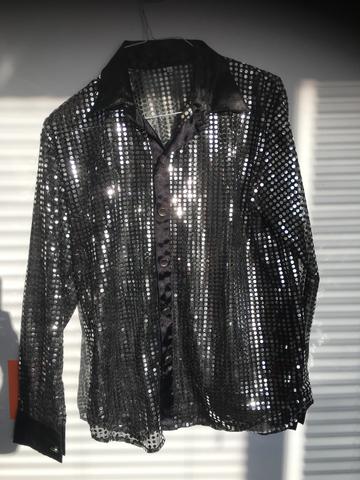 COSTUME RENTAL - X27 Disco Shirt, Sequin silver with black- Large