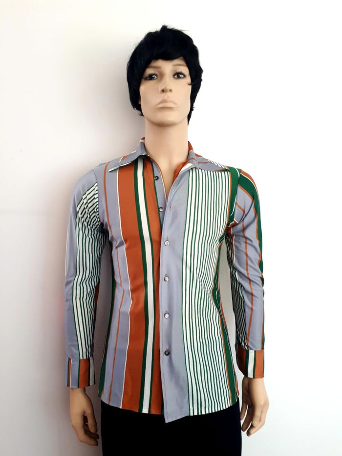 COSTUME RENTAL - X96 1960's Brown and Green Striped Shirt MED