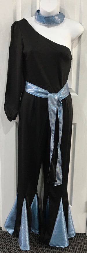 COSTUME RENTAL - X306 Jumpsuit, Black disco with blue trim SML