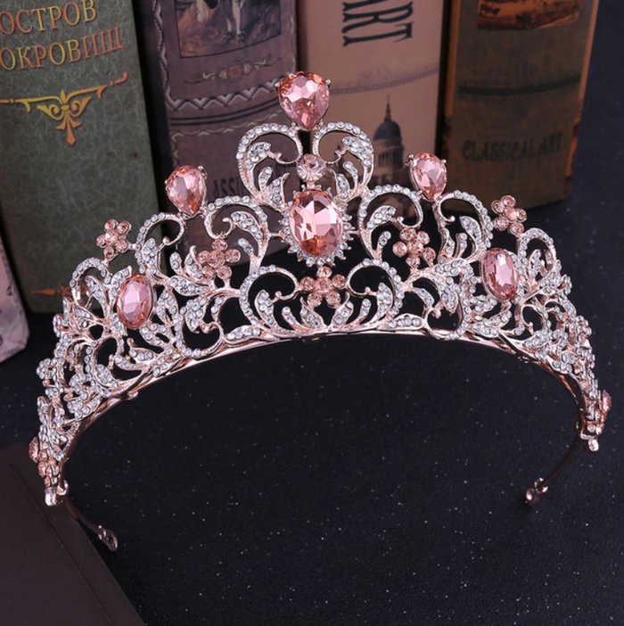 TIARA: Baroque Luxury Crystal Leaf Tiara Peach / Rose Gold