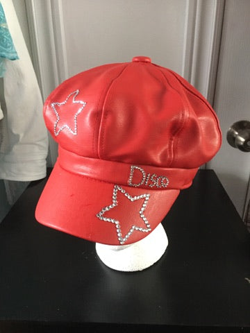 COSTUME RENTAL - Z102 RedLeather Rhinestone Disco Newsboy Cap