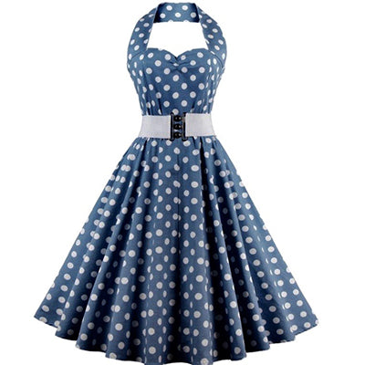 COSTUME RENTAL - J70 1950's Dress, Blue Polka Dot, 2 pieces MED